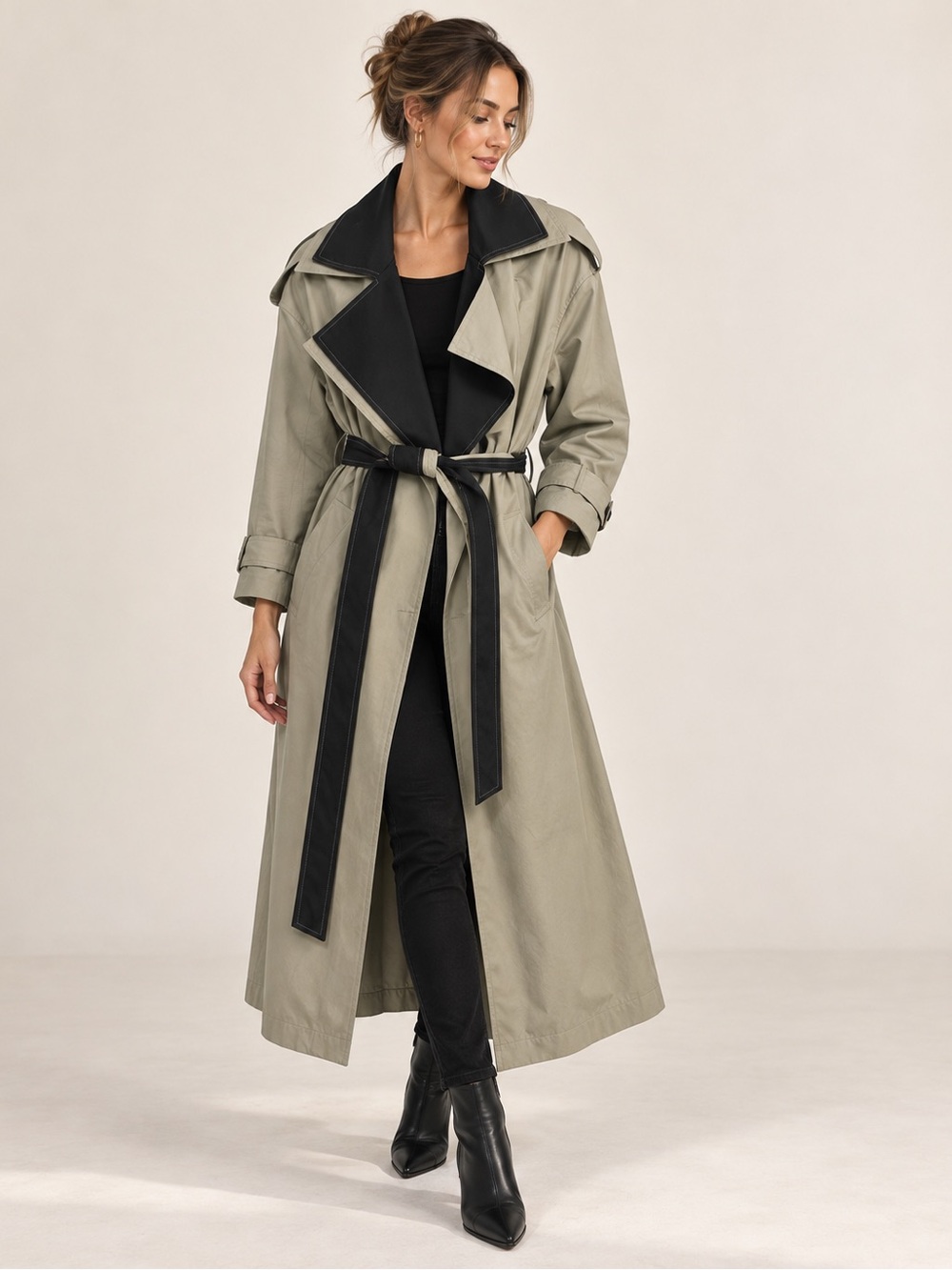 Topshop Two Tone Trench Coat with Black Contrast Collar & Belt